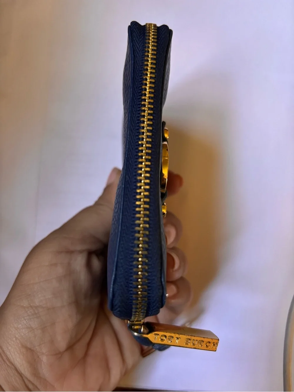 Tory Burch Navy Leather Zip Card Case with Gold Hardware